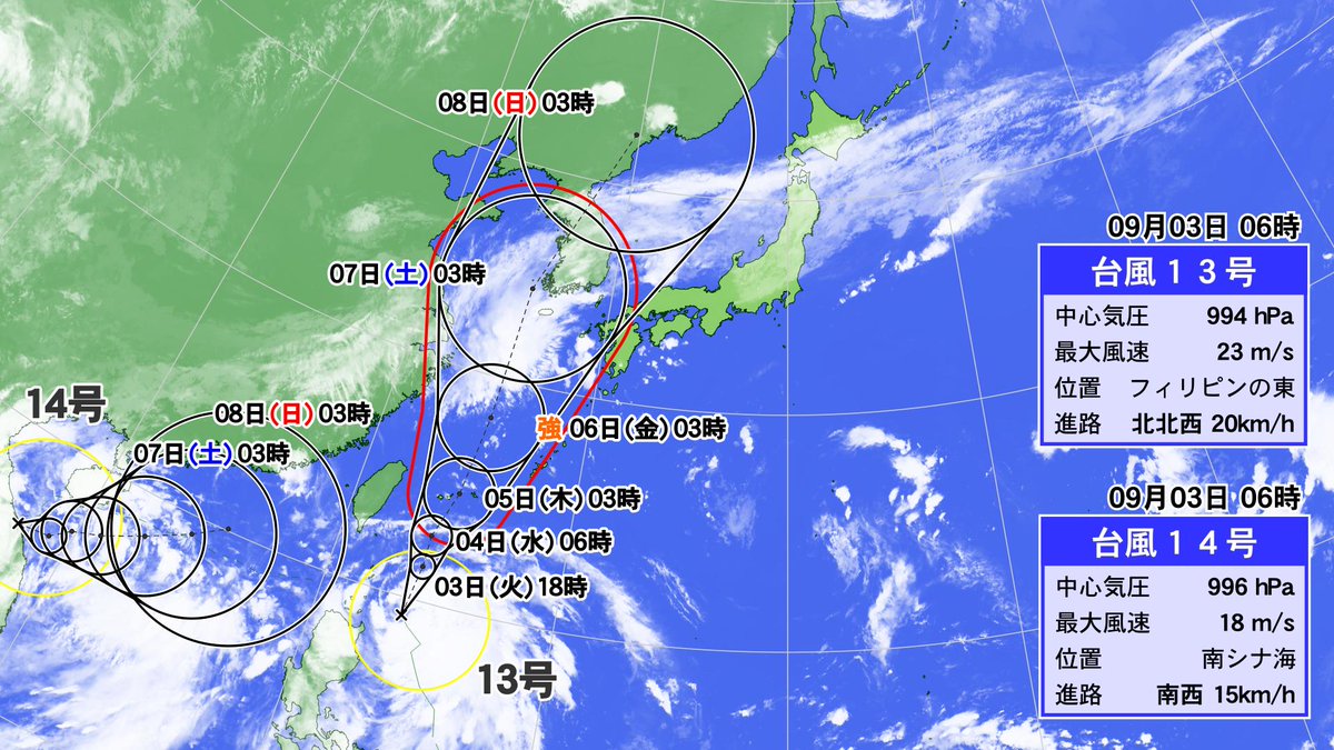 増田雅昭 台風13号につづき けさ台風14号も発生しました さらに もう一つ台風が太平洋で発生して 日本に近づきそうな気配も 来週にかけて要チェックです 台風が次々と 亜熱帯産の空気で残暑つづく 半月天気予報 T Co Hdocm18hej