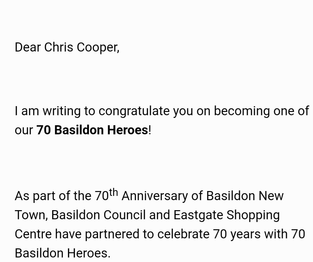 utdforcharity's tweet photo. Getting Email last week to find out I'm being awarded one of #Basildon70th heroes has to be one of the proudest moments in what I do. I honestly don't do it for recognition but knowing it doesn't go unnoticed is truely humbling thank you #unitedforcharity #becausecharitymatters https://t.co/D4563fYG8u