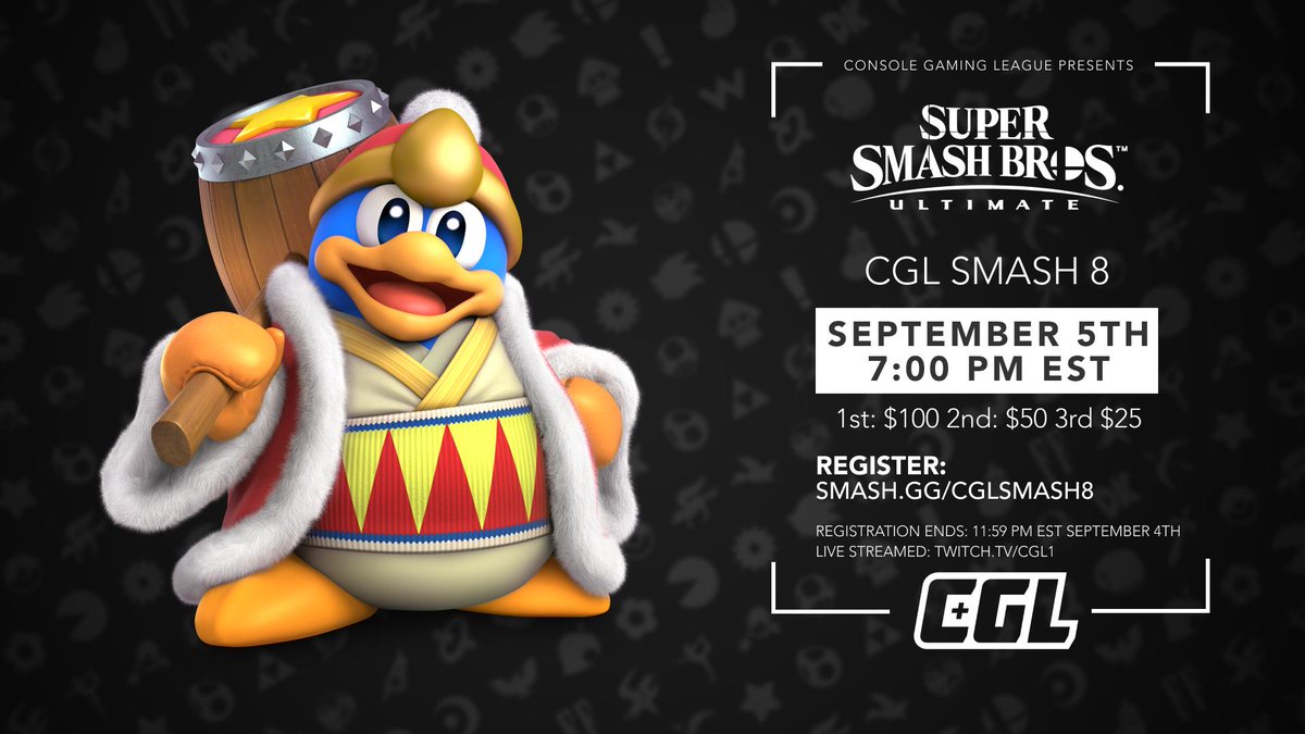 ConsoleGamingLG's tweet photo. Mark your calendars for our upcoming CGL Smash event!
CGL Smash 8 continues our regular Bi-Weekly series this Thursday, September 5th 7:00 PM EST
Registration: https://t.co/olDN5XVuQW
Registration closes: September 4th 11:59 PM
Prize Pool:
1st $100
2nd $50
3rd $25
#CGLSmash https://t.co/WlMI1LnUNP