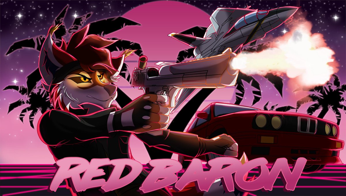 CaptainLykaios's tweet photo. First part of commission done for the wonderful @redbaron_wolf of their sona Baron, in an action themed 80's movie esque poster. #art #furry #synthwave #synthfur https://t.co/f8G72dkT5V