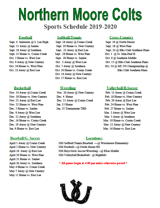 Northern Moore Colts Athletic Schedule! Thank You in Advance for Supporting Our Highfalls Eagles, <a href="/WestmooreK8/">Westmoore K8</a> Panthers, and <a href="/elisebearcats/">Elise Middle School</a> who are "All In Athletes" for Northern Moore Pride!