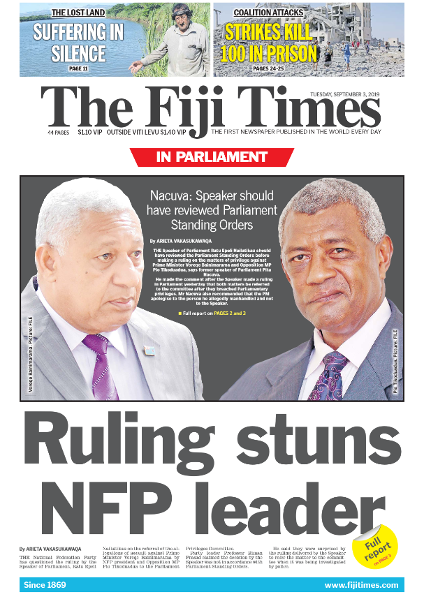 fijitimes's tweet photo. The Fiji Times, 3rd September 2019
🗞️ 🇫🇯 👍🏽
#since1869 #firstpublished #fijitimesnews #latestfijinews #fijinews #Mckee #flyingfijians #Tikoduadua #Bainimarama # https://t.co/4Zo8UfR0zi