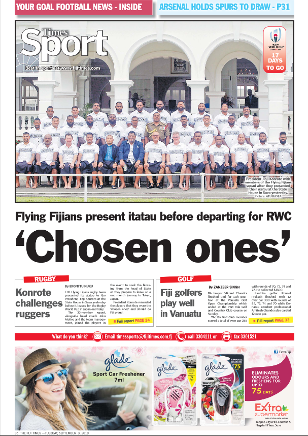 fijitimes's tweet photo. The Fiji Times, 3rd September 2019
🗞️ 🇫🇯 👍🏽
#since1869 #firstpublished #fijitimesnews #latestfijinews #fijinews #Mckee #flyingfijians #Tikoduadua #Bainimarama # https://t.co/4Zo8UfR0zi