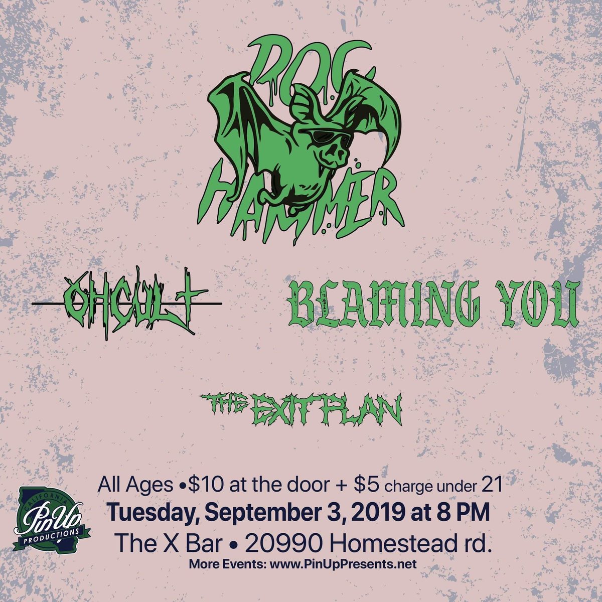 PinUpPresents's tweet photo. Tomorrow! Tuesday, September 3rd @ Homestead lanes! 

#DocHammer / #Ohcult / #BlamingYou / #TheExitPlan 

All ages
$10 at the door
$5 underage charge
Doors at 8 PM https://t.co/Zg8rsIUzua