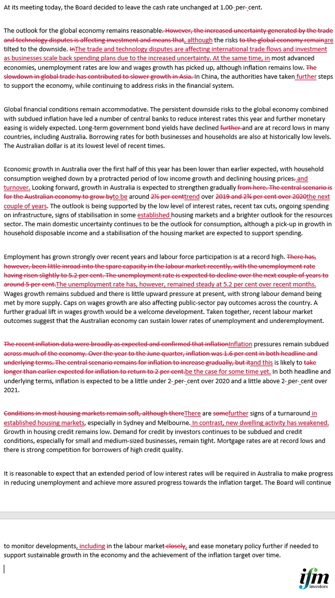 Changes to #RBA press release from August to September. The RBA continues to be dovish and watchful.
#ausbiz