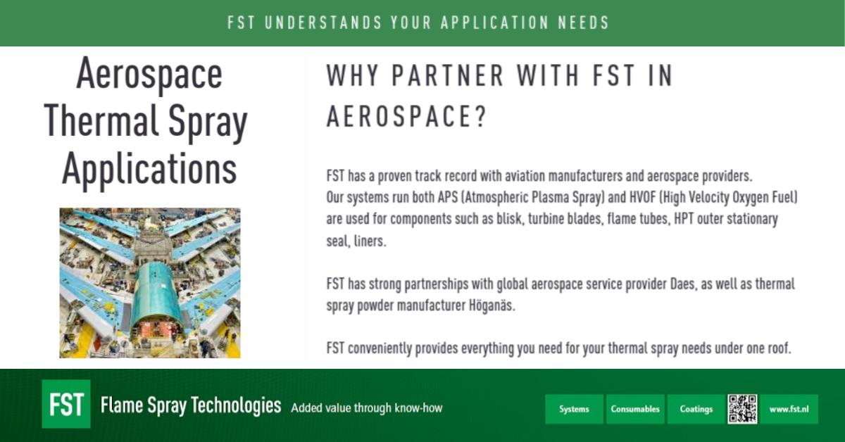 Why partner with FST in Aerospace?

#FST #FlameSprayTechnologies #HVOF #ThermalSpray #Aviation #aerospacemanufacturing #AerospaceIndustry #aerospace #IndustrySolutions #YourPartnerInThermalSpray #Höganäs #Amperit #DAES #DAESGroup