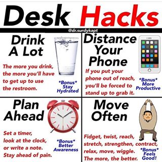 Upandatem3's tweet photo. Here's some helpful desk hacks courtesy of dr.surdykapt https://t.co/jrAEdsRDgh

Water = bathroom break
Distance phone = get up to use it
Set timer = reminder to get away from the desk
Move often!

#deskhacks #health #wellbeing #upandatem #prolongedsitting https://t.co/4xmL05PBEu