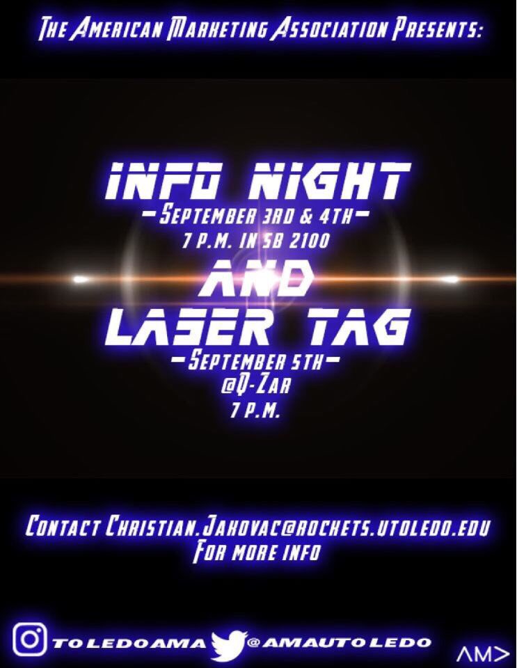 FREE FOOD!! AMA is hosting info nights this week September 3rd and 4th! We also have a laser tag night on September 5th! Please contact Christian.jakovac@rockets.utoledo.edu for more information