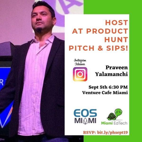 btccentermiami's tweet photo. #BitcoinCenterMiamiMeetup | This Week
Host At Product Hunt Pitch & Sips!
Hosted by: Mr @pravvy🤖
Thu, Sept 5, 2019
6:00 PM - 9:00 PM EDT
@ @VentureCafeMIA ☕️
1951 NW 7th Ave #600 · Miami, FL
Meets #MiamiFL: https://t.co/hDyK9YvdDG🌴🏄♂️ https://t.co/7VZ5S38WtU