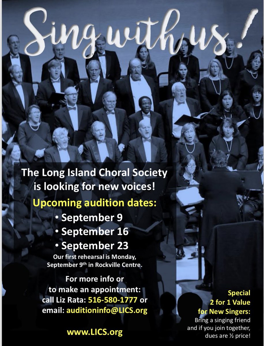 LIChoral's tweet photo. Come sing with us! We are always looking for new members for the Long Island Choral Society. Auditions are coming up! #LIChoral #LongIslandChorus #choir #chorus #sing https://t.co/EOZCK67hFn