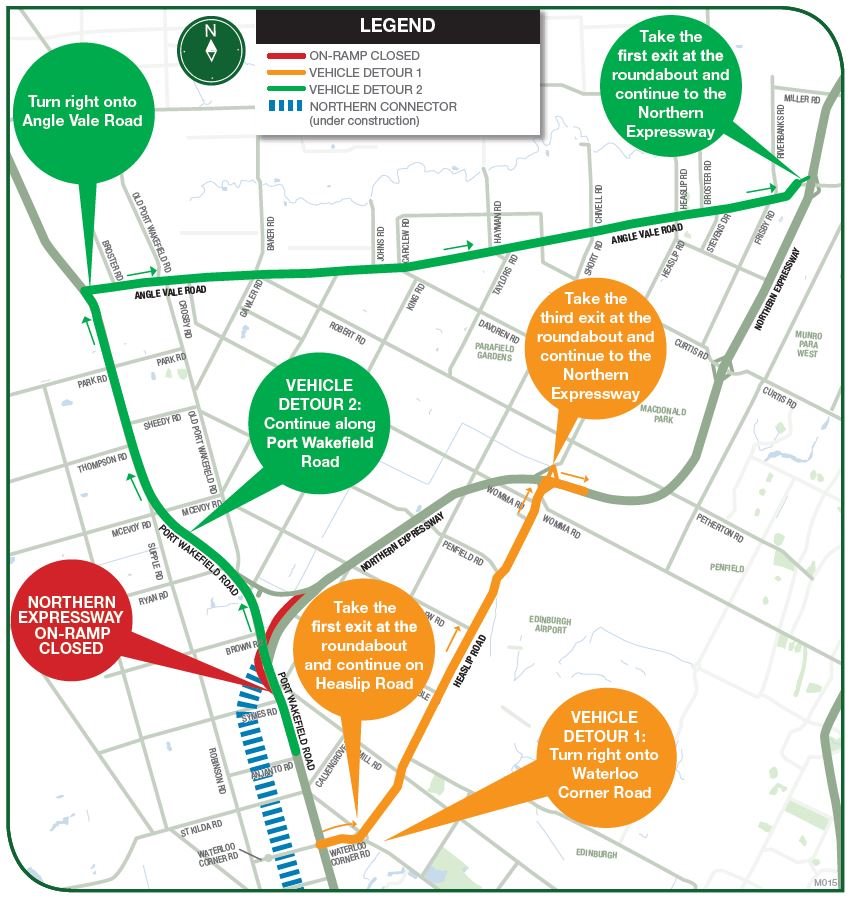 Night works undertaken on Nthn Expwy on-ramp from Pt Wakefield Rd (nthbnd) for asphalting from 8pm-5am Thu 5 Sep, weather permitting. During these times, Nthn Expwy on-ramp from Pt Wakefield Rd (nthbnd) will be closed. Refer to map for detours. dpti.sa.gov.au/northernconnec…