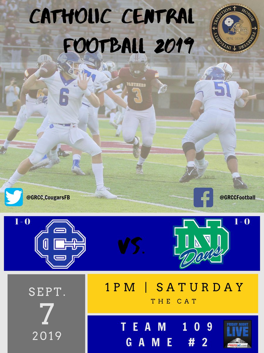 GRCC_CougarsFB's tweet image. Week 2: Saturday, September 7th - 1:00pm.

2019 home opener against Notre Dame Prep Dons (Niles, IL). @nddons 

Gate opens at 12:00pm and all tickets are $5.00.

Be there. Be loud. Be CC!

#ccfootball2019