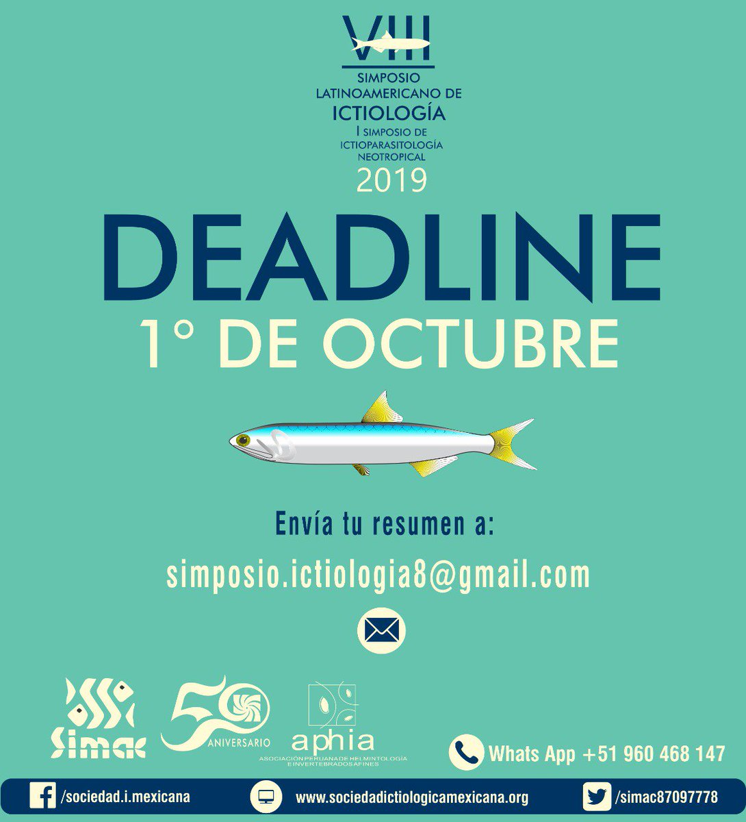 SIMAC87097778's tweet image. Que no se te pase, no olvides registrarte antes del 1º de Octubre de 2019, te esperamos en Perú #SIMAC #Simposio_Latinoamericano_Ictiología2019