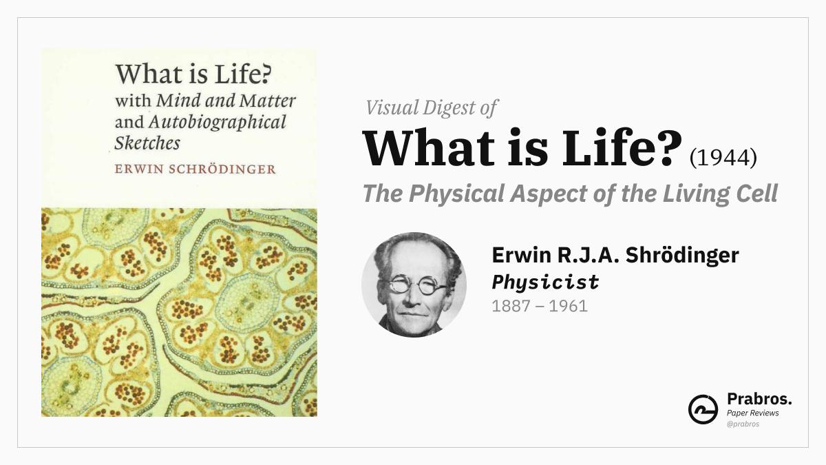 prathyvsh's tweet photo. Starting a visual digest series where we (@Prabros) visually summarize important material we read.

Kicking this series off with "What is Life?" by Erwin Shrödinger.

This is the book that influenced Maurice Wilkins, James Watson, and Francis Crick to map out DNA's structure. https://t.co/CdP77R4DMp