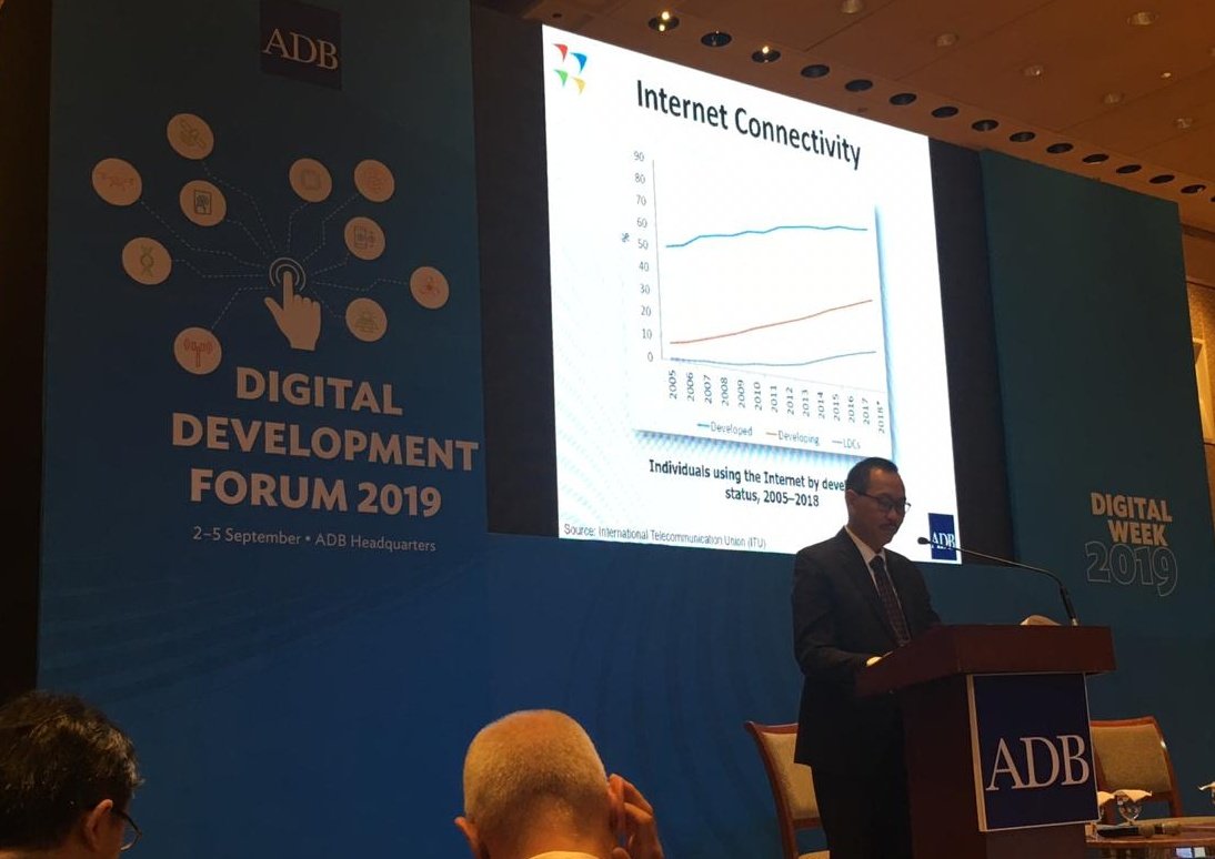 JohnDGarrity's tweet photo. .@ADB_HQ's Digital Development Forum 2019 today discussing #DigitalTransformation, last mile access and satellite connectivity solutions. VP for KM and Sustainable Development Bambang Susantono kicks off discussing internet access as the key enabler. #DigiWeek2019 @ITU @UNBBCom https://t.co/HZAWhTIbf5