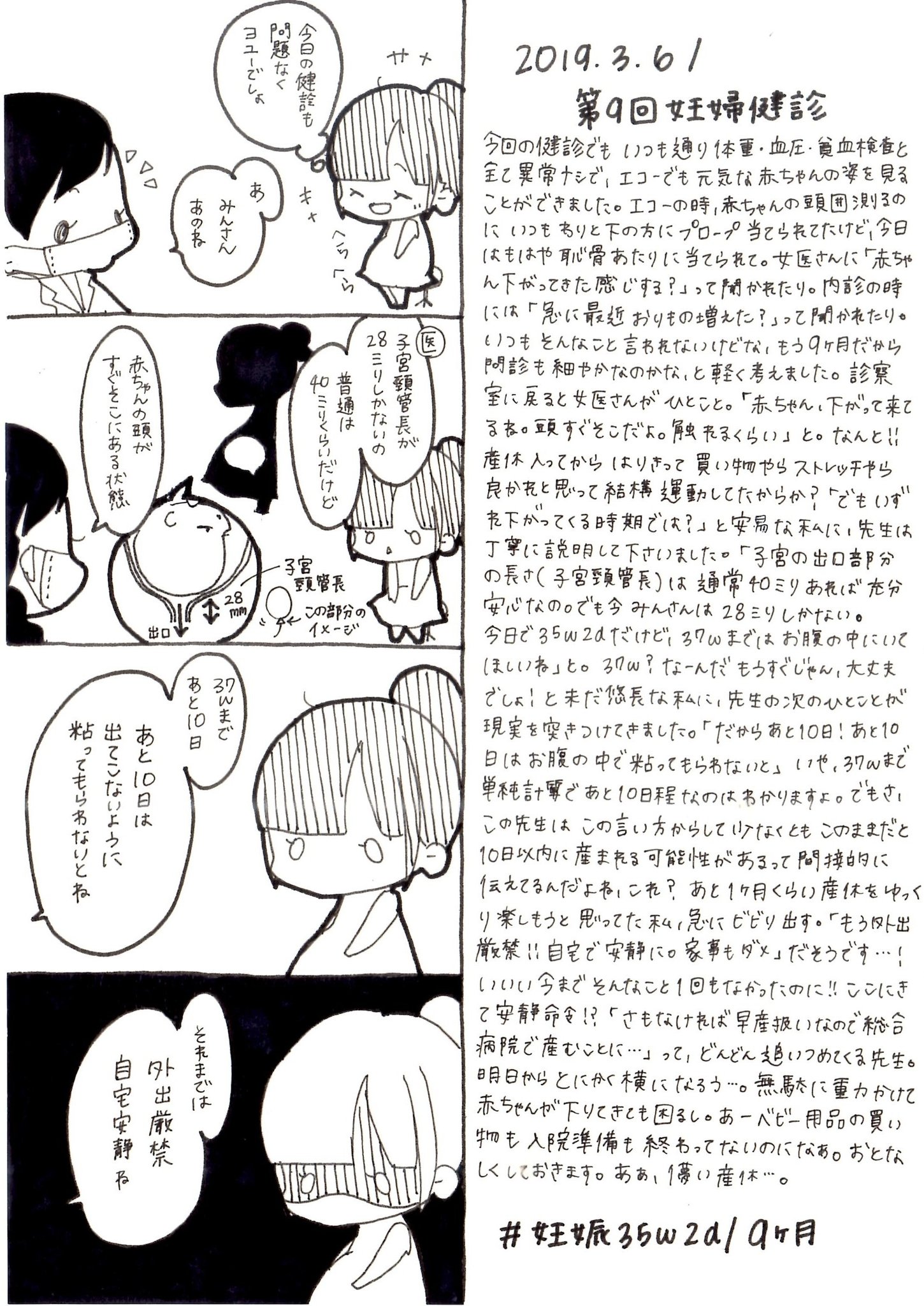みん 2y11m 10m 育児漫画 19 3 6 ここまで順調に進んできた妊娠生活 今回の妊婦健診にて まさかの診断が エコー載せます 閲覧注意 育児漫画 育児日記 妊娠 妊娠後期 妊娠9ヶ月 妊婦健診 エコー 子宮頸管長 切迫早産 ママ垢さんと