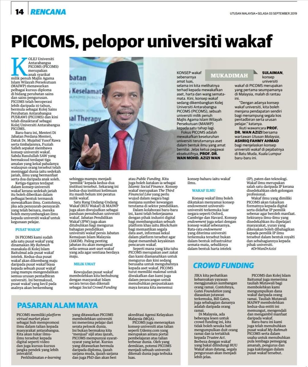 MPPpicoms's tweet photo. UTUSAN MALAYSIA, 3 SEPTEMBER 2019
"PICOMS, PELOPOR UNIVERSITI WAKAF" 
. 
Ikuti temubual pihak Utusan Malaysia bersama Naib Canselor PICOMS, YBhg. Prof. Dr. Wan Mohd Azizi Bin Wan Sulaiman.

#picoms #picomsgemilang #MyRAHMAH #waqaf #endowmen #DrWanDrAzizi https://t.co/h8bWtd7Jw5