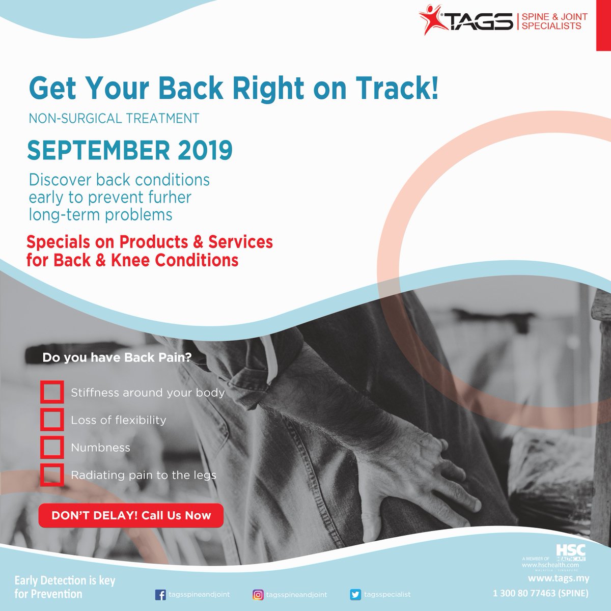 Lets get your back right on track!

Early detection is the key to prevention. Make an appointment with us today!

For more information visit tags.my

#backpainawareness #backpain #nonsurgical #tags #tagsspineandjoint #chiropractic #rehabilitation #physiotherapy