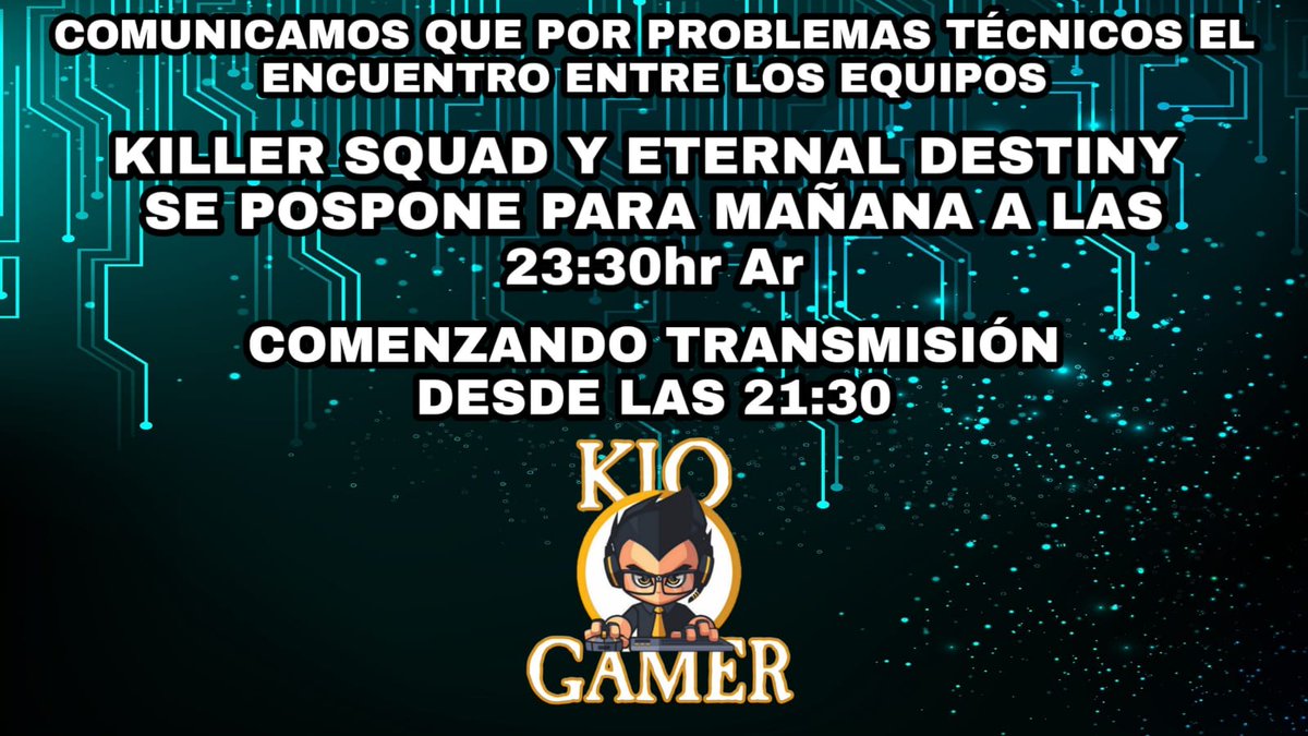 Por problemas técnicos no se pudo llevar a cabo el partido entre Killer Squad vs Eternal Destiny
Mañana comenzamos desde las 21 horas arg. Con el partido entre vVv Esports vs Destiny Gaming
<a href="/KillerSquadAoV/">Killer Squad</a> @Eternal_Dy <a href="/Esports_vVv/">vVvEsports</a> @DestinyGamingCo