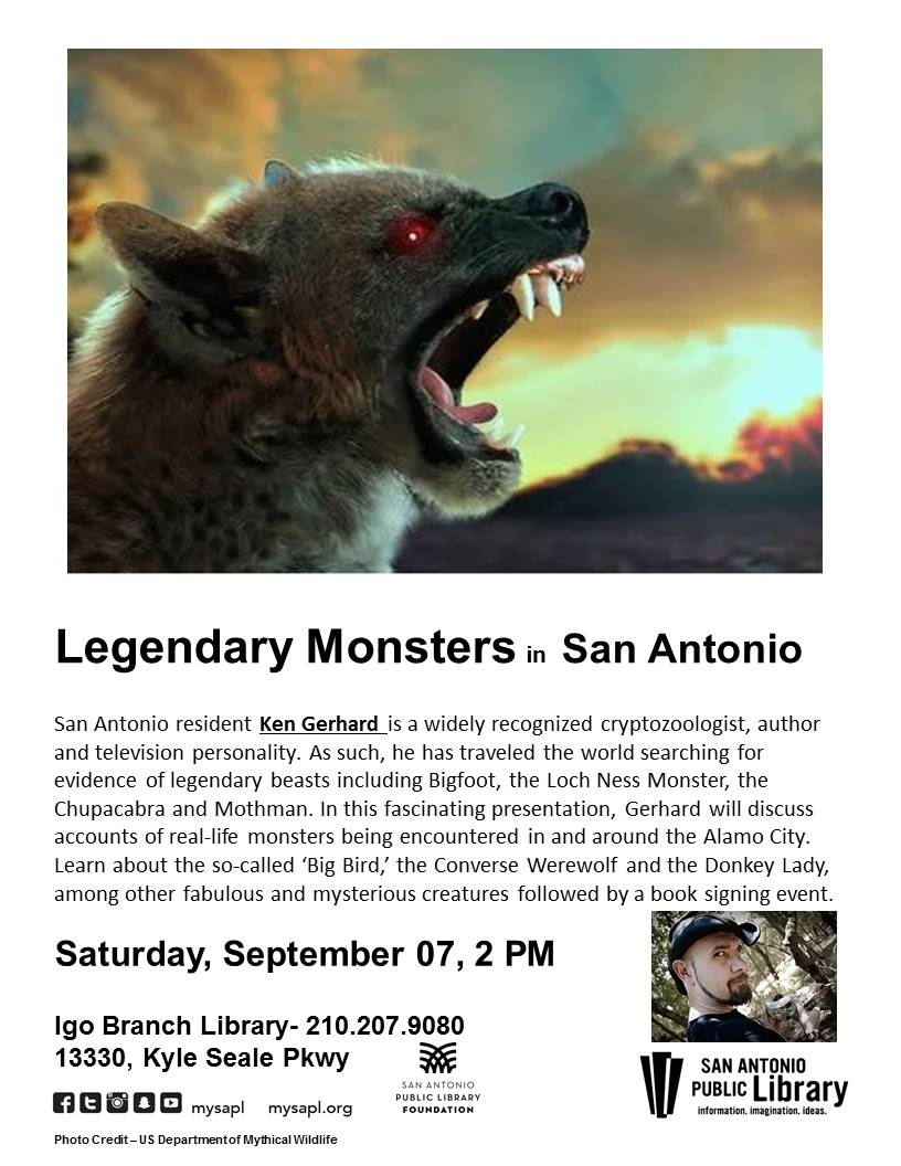 ken_gerhard's tweet photo. On Saturday afternoon I'm giving a free lecture on the (many) legendary monsters said to roam the Alamo City. A book signing event will follow. #SanAntonio #monsters #chupacabra #Thunderbirds #donkeylady #Dogman https://t.co/BnJTOPuFT7