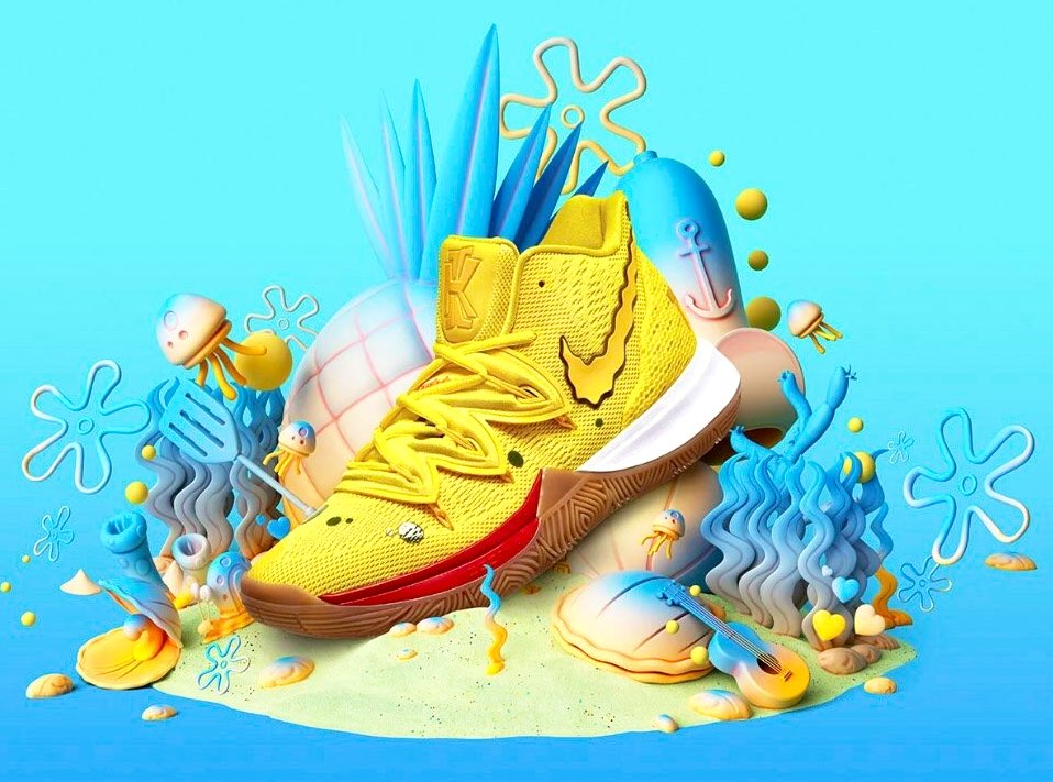 Emo Miu エモミュー Spongebob Nike アメリカの人気アニメ スポンジボブ ナイキ カイリー アービングがコラボしたキュートなスニーカーが9月6日発売 スポンジの様な流線状のスウッシュロゴに泡模様 インソールにキャラ顔プリントの