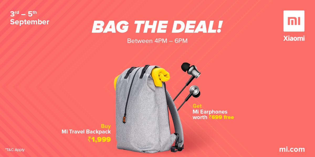 XiaomiIndia's tweet photo. Mi fans! With every purchase of #MiTravelBackpack, get #MiEarphones worth ₹699 absolutely free! Offer valid on purchases made between 4 PM - 6 PM, exclusively on https://t.co/D3b3QtmvaT!

Sale starts at 4 PM. Limited stocks only!

#BagTheDeal here: https://t.co/vhmuhNmk53 https://t.co/Il6GC2wuaW