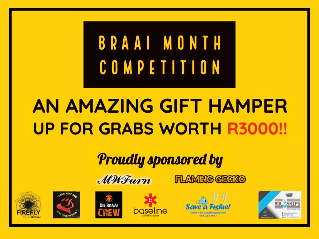 ****WIN*****WIN****WIN****WIN*******

****** BRAAI MONTH HAMPER COMPETITION******
🔥🔥🥩🍗🍔🌭🔥🔥🔥

What's up for grabs?
x10 Boxes of FireSpark Jnr 
x1 4kg Pack of Clean Heat Charcoal from Clean Heat 
x1 Hoodie, a T-shirt and a All in One Hot Rod grill