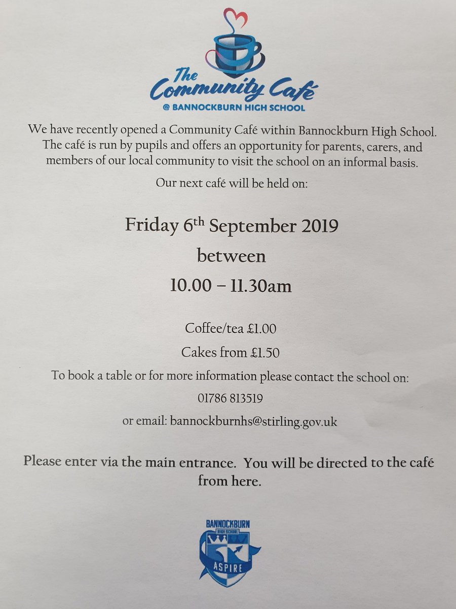 Please come along to The Community Cafe @BannockburnHigh this Friday 6th September 10.00-11.30am. This is an opportunity for parents, carers and members of our local community to visit the school on an informal basis to enjoy a cuppa and a cake.