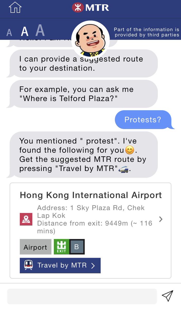 regina_ltc's tweet photo. The MTR app Kee Gor suggests that the airport would be a good place to protest.
#deviance #smartchatbot #hongkong https://t.co/2XGPzIIfUs