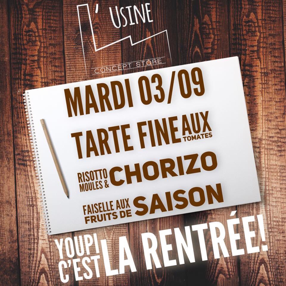 Lusinecafe's tweet photo. Hey! Hey!

Cheffe Zinzin s’est bien reposée! 
Mardi c’est la rentrée!!!!! 🔪📚🔪

Les Formules:

Entrée + plat + dessert = 17€
Entrée + plat ou plat + dessert = 14€
Plat seul = 12€
dessert = 5€

N’hésitez pas à réserver au 0494401306

L’équipe de L’usine https://t.co/cLQ5wyxMUt