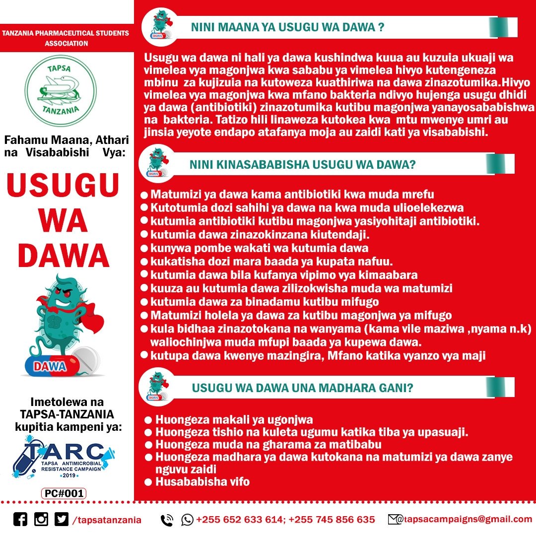 AfyaPot's tweet photo. @AfyaPot tunaungana na @tapsatanzania katika mapambano dhidi ya Usugu wa Dawa.
Tunaanza kwa kujifunza yafuatayo kuhusu usugu wa dawa :
1. Nini maana ya usugu wa dawa?
2. Nini kinasababisha usugu wa dawa?
3. Usugu wa dawa una madhara gani?
#TARC
#SayNoToAMR https://t.co/Z35k22PTAV