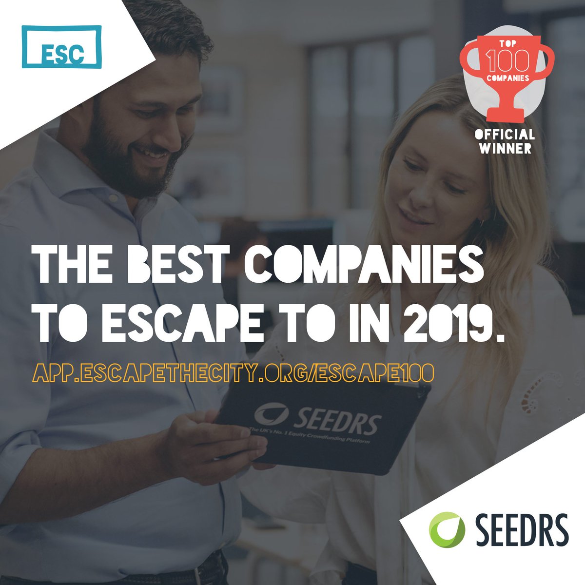 We're delighted to be included in <a href="/escthecity/">Escape the City</a> Best 100 Companies to Escape To in 2019 

bit.ly/2LpKj2G

In good company with Seedrs Alumni @Airsorted <a href="/stashbee/">stashbee</a> <a href="/rubiesinrubble/">Rubies in the Rubble</a>  @supplycompass <a href="/YellowDog/">YellowDog</a> @OddboxLDN <a href="/StoryTerrace/">StoryTerrace</a> <a href="/FeralHorses/">Feral Horses</a>  

#TheEscape100 #SeedrsAlumni