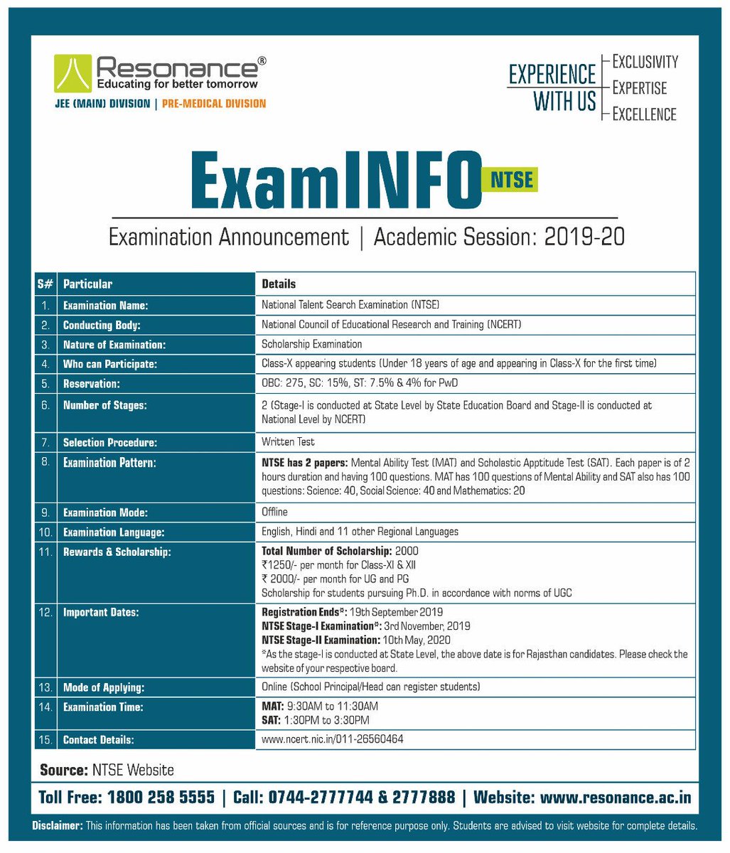 Resonance_JMD's tweet photo. 🔹ExamINFO :- National Talent Search Examination (NTSE) 🔹
#Resonance #JEEMainDivision #NTSE #ExamINFO #Examination #Announcement https://t.co/hGmgcMLVG3