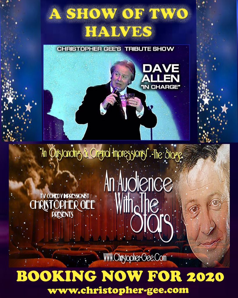 100STARZ's tweet photo. BOOKING NOW FOR 2020 -

Very excited to present my New show for 2020.

 Due to the overwhelming requests to do more of my homage to Dave Allen, I have designed a show of two halves.

#christophergee #comedyimpressionist #daveallen #anaudiencewiththestars https://t.co/5iDD3TjZR5