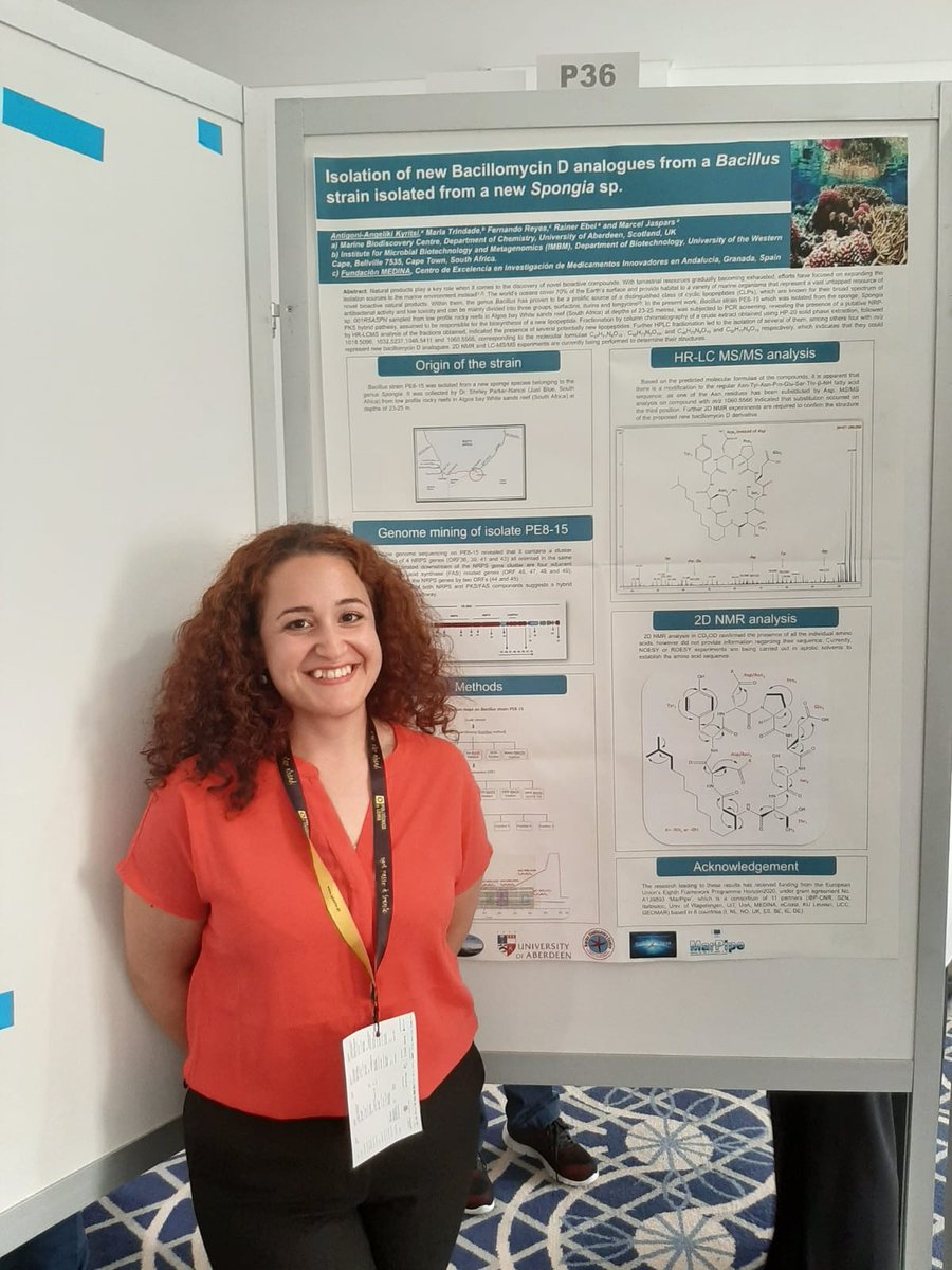 MarPipeProject's tweet photo. Amazing poster session with three @MarPipeProject PhD students (@AnkyKyritsi, Maria Kokkini and @FlorentMagot) presenting their work at #XMNP2019 #ECMNP2019 #MANAPRO2019 in Portugal! #marinenaturalproducts #marinedrugs #H2020 https://t.co/2UOEzg7aQF