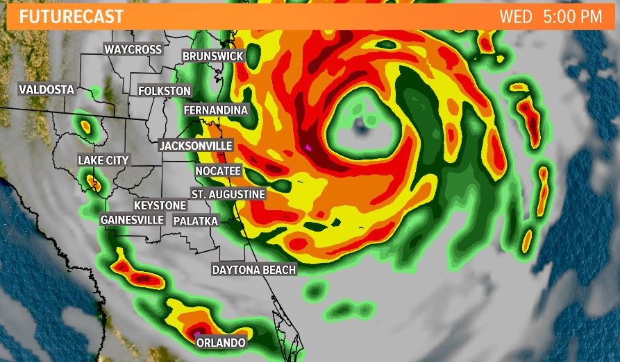 PrangleyWeather's tweet photo. Here is the latest hour by hour for our area with Dorian's feeder bands, surge and heaviest rain increasing across the area tonight and on Wednesday. #GMJ #FCNStorm https://t.co/MQoN2PU268