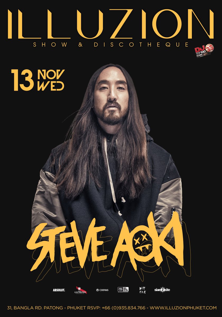 ILLUZION Phuket (@illuzionphuket) on Twitter photo Two-time Grammy-nominated & EDM legend <a href="/steveaoki/">Steve Aoki</a> will head to Phuket on Wednesday, 13 November with his famously known over-the-top live performance & top chart smashing hits!
Stay tuned for more info about tickets & VIP tables Two-time Grammy-nominated & EDM legend <a href="/steveaoki/">Steve Aoki</a> will head to Phuket on Wednesday, 13 November with his famously known over-the-top live performance & top chart smashing hits!
Stay tuned for more info about tickets & VIP tables