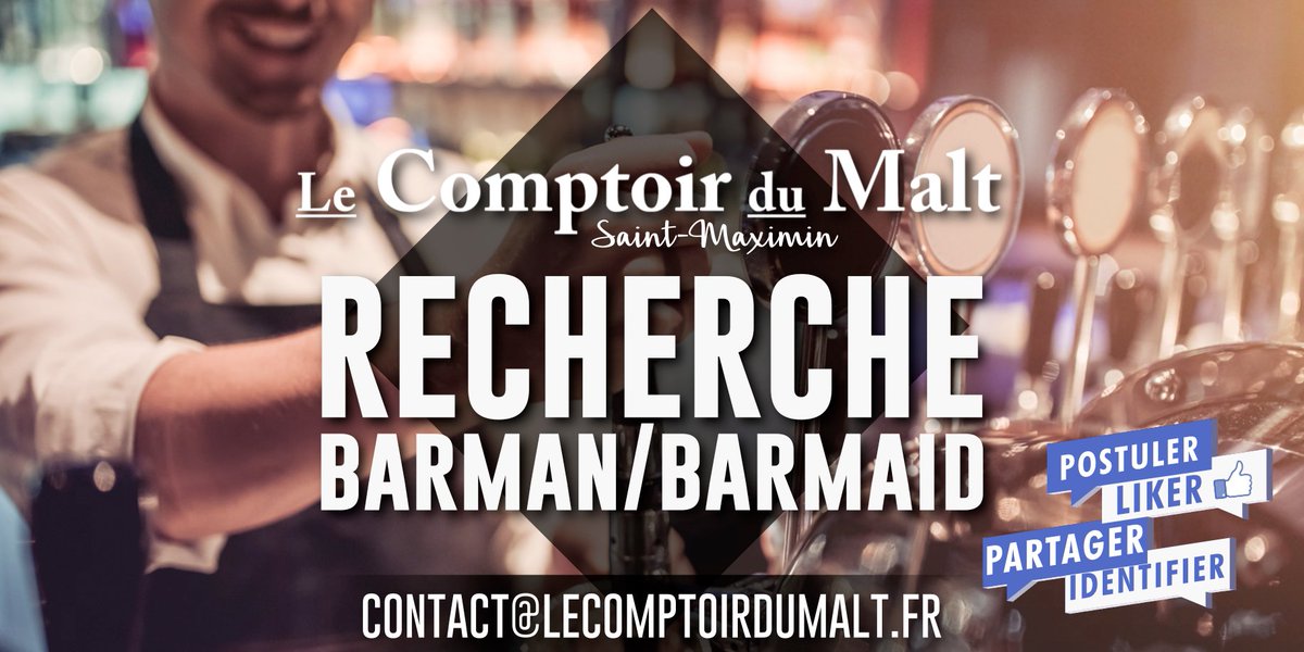 Votre #Restaurant #Brasserie Le Comptoir du Malt Saint-Maximin (60) recherche son / sa futur(e) #Barman / #Barmaid !🍸 
🍹 Vous êtes un maître des #cocktails ? POSTULEZ !
🍺 Vous connaissez l'As du tirage de bières ? PARTAGEZ !
👉 vos #candidatures à : contact@lecomptoirdumalt.fr
