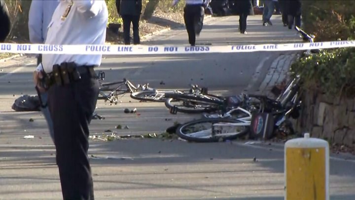 HerasBlog's tweet photo. 28 Oct, 2017, a cyclist flips Trump off. 3 days later (3 is Kodiak's "number" (666)) 20 cyclists were mowed down on Halloween (HIS holiday) near 9/11's Ground Zero. https://t.co/f2RL6spgOp