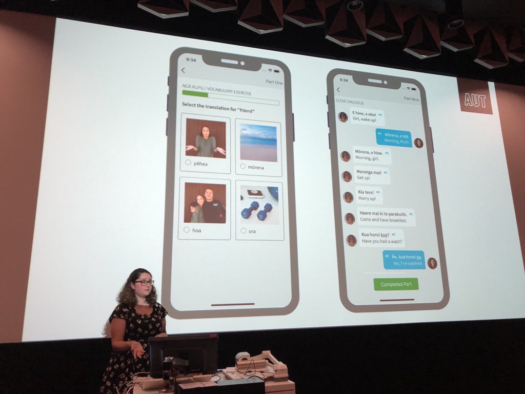 thecolourfool's tweet photo. Such great kiwi content at #Devworld this year - awesome seeing te reo getting so much love. Well done @nicktmro and in particular @t_pringles giving her first public presentation. 👏 https://t.co/wnJUjSqakX