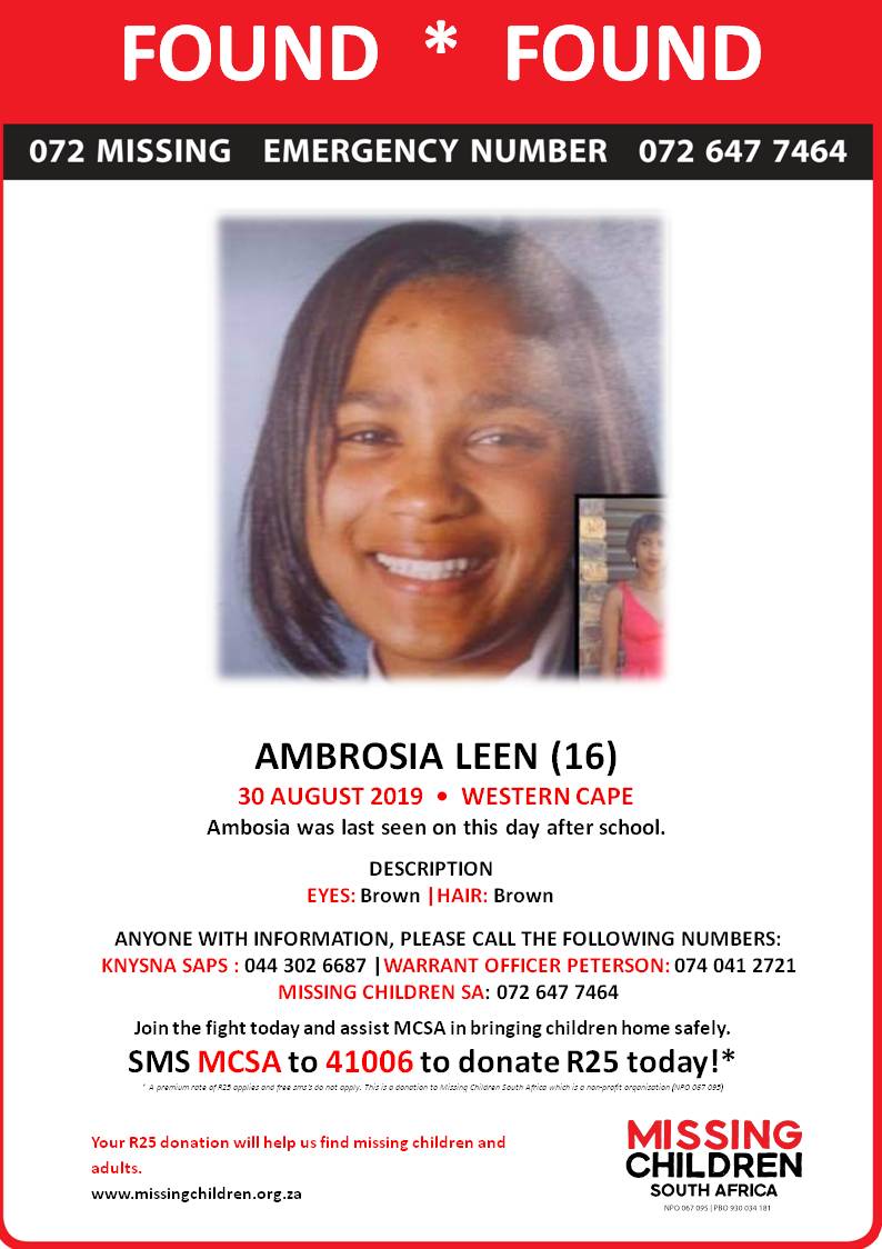 072MISSING's tweet photo. Wonderful news! Ambrosia Leen has been found safe. https://t.co/9bAFV0TkCO