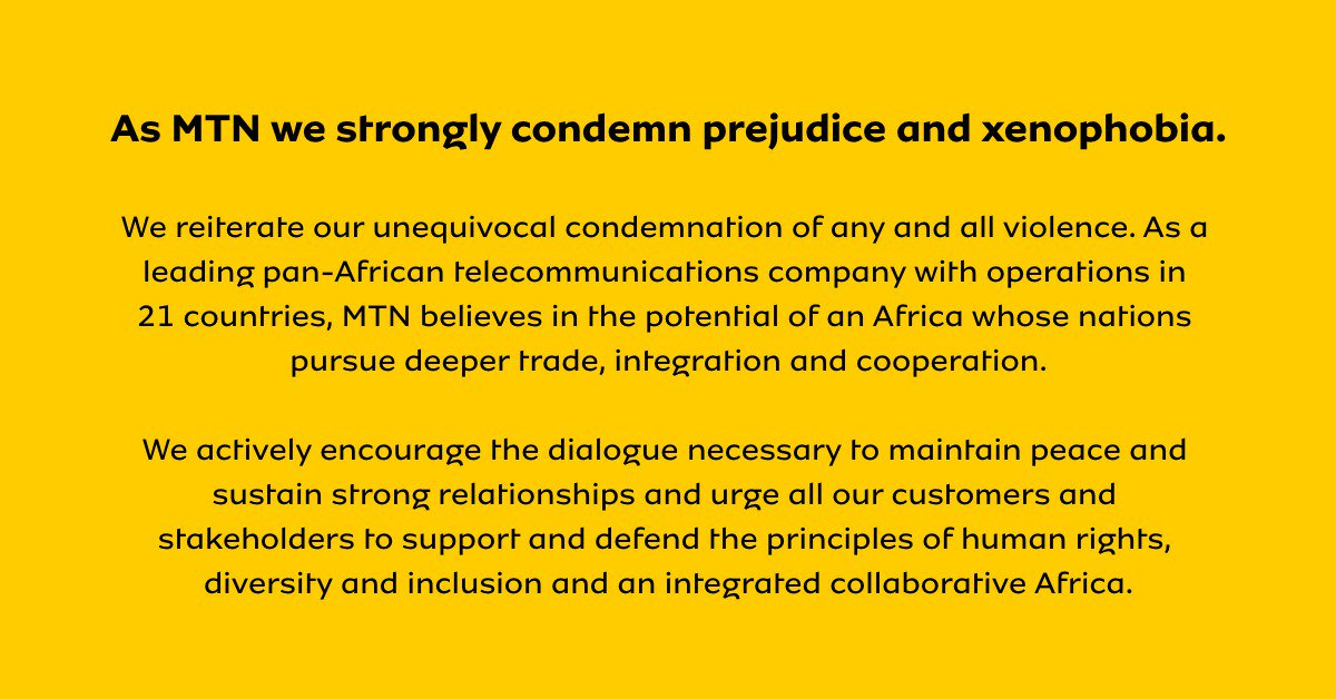 MTN is committed to an Africa united in the pursuit of progress, peace, and prosperity. We believe the only way forward as a continent is through collaboration and the unequivocal condemnation of violence. Are you with us?  #SayNoToXenophobia #AriseAfrica