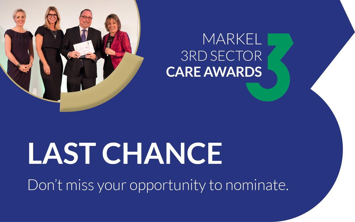 #TuesdayThoughts Nominations for the Markel #3rdSectorCareAwards close Friday. 
These Awards reward the #hardwork, dedication, #innovation and excellence of the #nonprofit sector, those making a difference to people’s lives. bit.ly/3rdsectornow #celebrate #socialcare #support