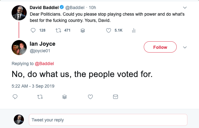 Interesting that Ian and a number of others who have tweeted the same thing clearly don't think that "what we voted for" and "what's best for the country" are the same thing.