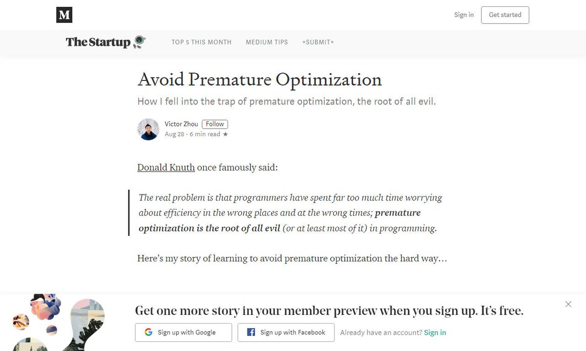 Devcide1's tweet image. Avoid Premature Optimization
#realproblem #root #wrongtimes #avoidprematureoptimization #faster #development
via @medium
☛ amp.gs/Nxgu