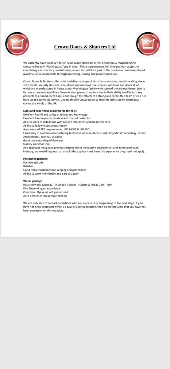 Aluminium Fabricators required, please apply with in to andrew@crownasl.co.uk