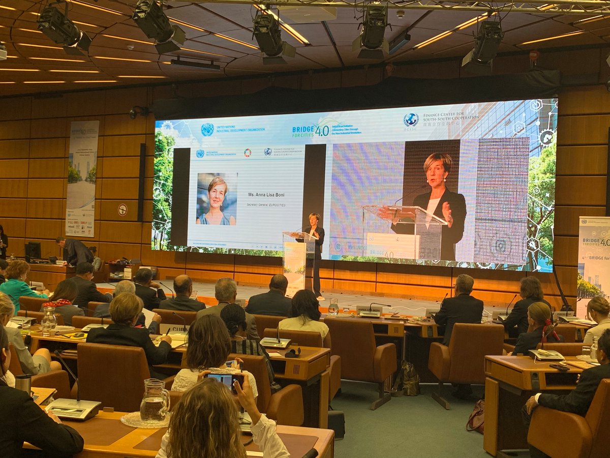 UNIDO's tweet photo. .@annalisaboni2, SG of @EUROCITIEStweet highlights City to City #Partnerships which bridges cities for sustainable & beneficial urban digital dev. Now LIVE from #VIENNA: our #UNIDOBRI event on #Industry40 and #urban dev. issues: https://t.co/UsMSHKD5fb https://t.co/3DIXZ5S6r1