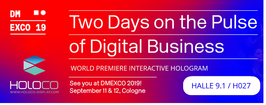 DMEXCO 2019 - World premiere of HOLOCO 4.0
Individualization and personalization of the holographic content and integration of the viewer into the hologram - all in real time! We are looking forward to your visit!
#holoco #interactive #hologram #DMEXCO19 #WorldPremiere