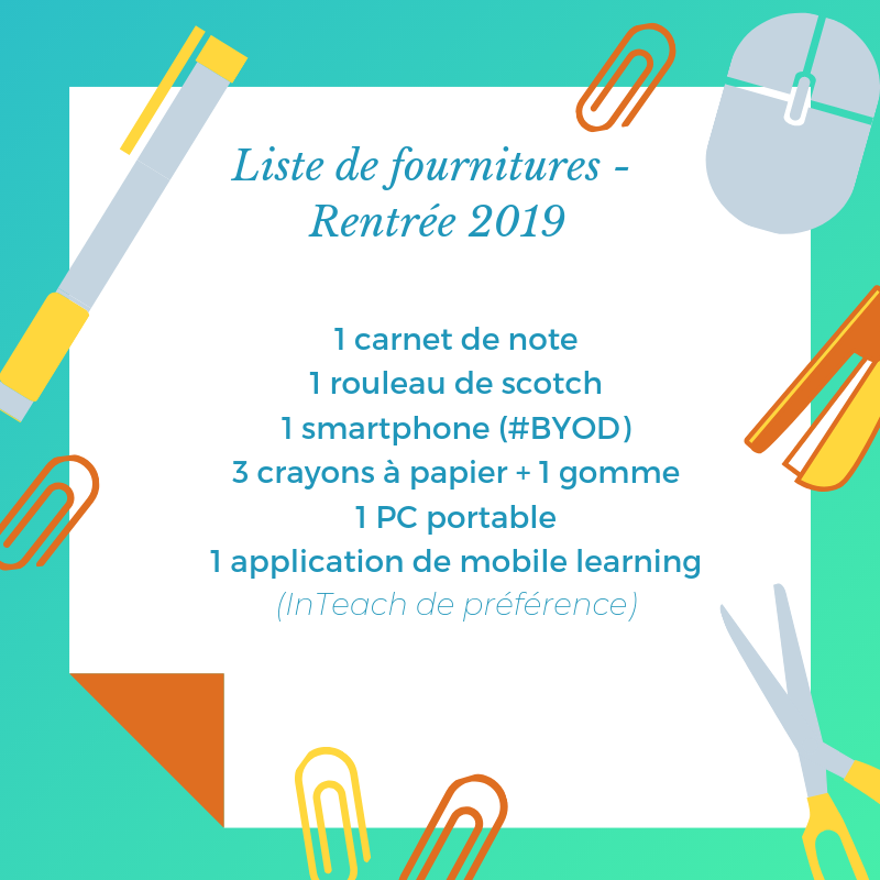 Pour les retardataires, voici la liste des fournitures obligatoires pour la #rentree2019 ! Exceptionnellement, et pour répondre aux nouveaux usages, le smartphone est désormais autorisé (et même recommandé).