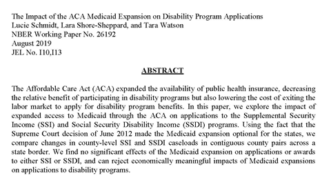 Did the Affordable Care Act’s Medicaid expansion affect disability program applications? My new WP (joint with @WilliamsEcon colleagues Lara Shore-Sheppard and <a href="/taraelizwatson/">Tara E W</a>) examines this question.  nber.org/papers/w26192  1/